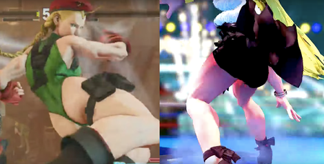 At left, Cammy’s default thong leotard in SFV. At right, Cammy’s black briefs in her SFV formalwear costume.